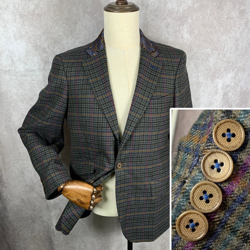 Robert Graham Blazer Jacket Men 40 Classic Check Windowpane Paisley Sport Coat